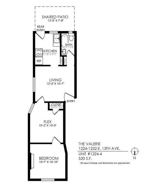 A drawing of a floor plan for an apartment at 1224-1232 E. 13th Ave.